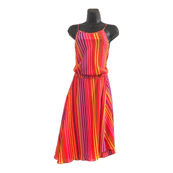 Nine West pink multicolor striped asymmetric belted flowy dress size 4 new‎ - Picture 2 of 15